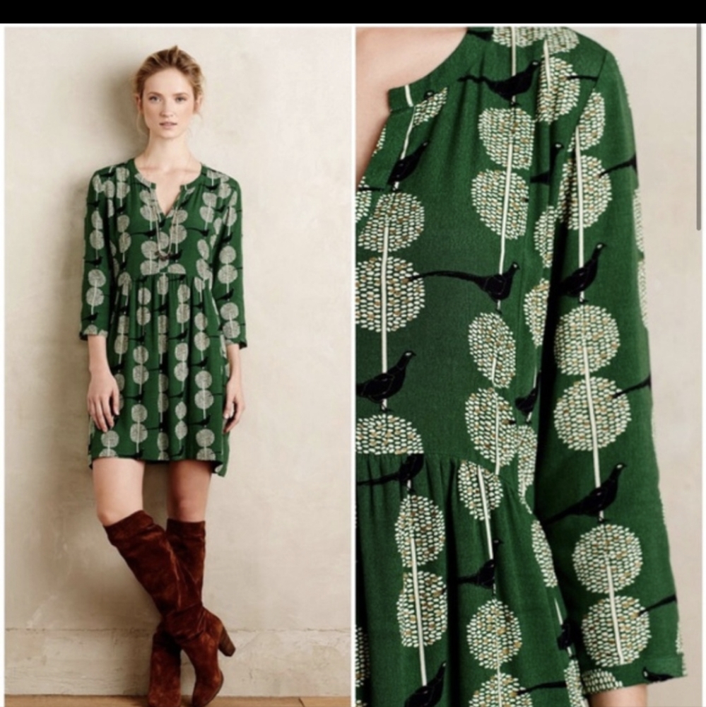Anthro Maeve Devery green bird shirtdress Sz Sm
